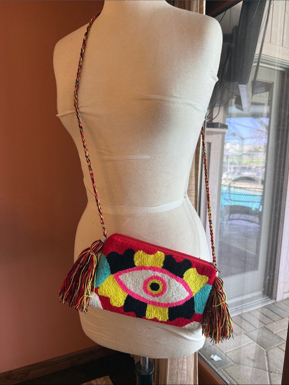Colorful Eye Beaded Crossbody Bag - Red